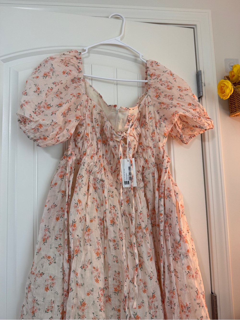 Girls Peach Floral Puff-Sleeve Dress with Lace Tie